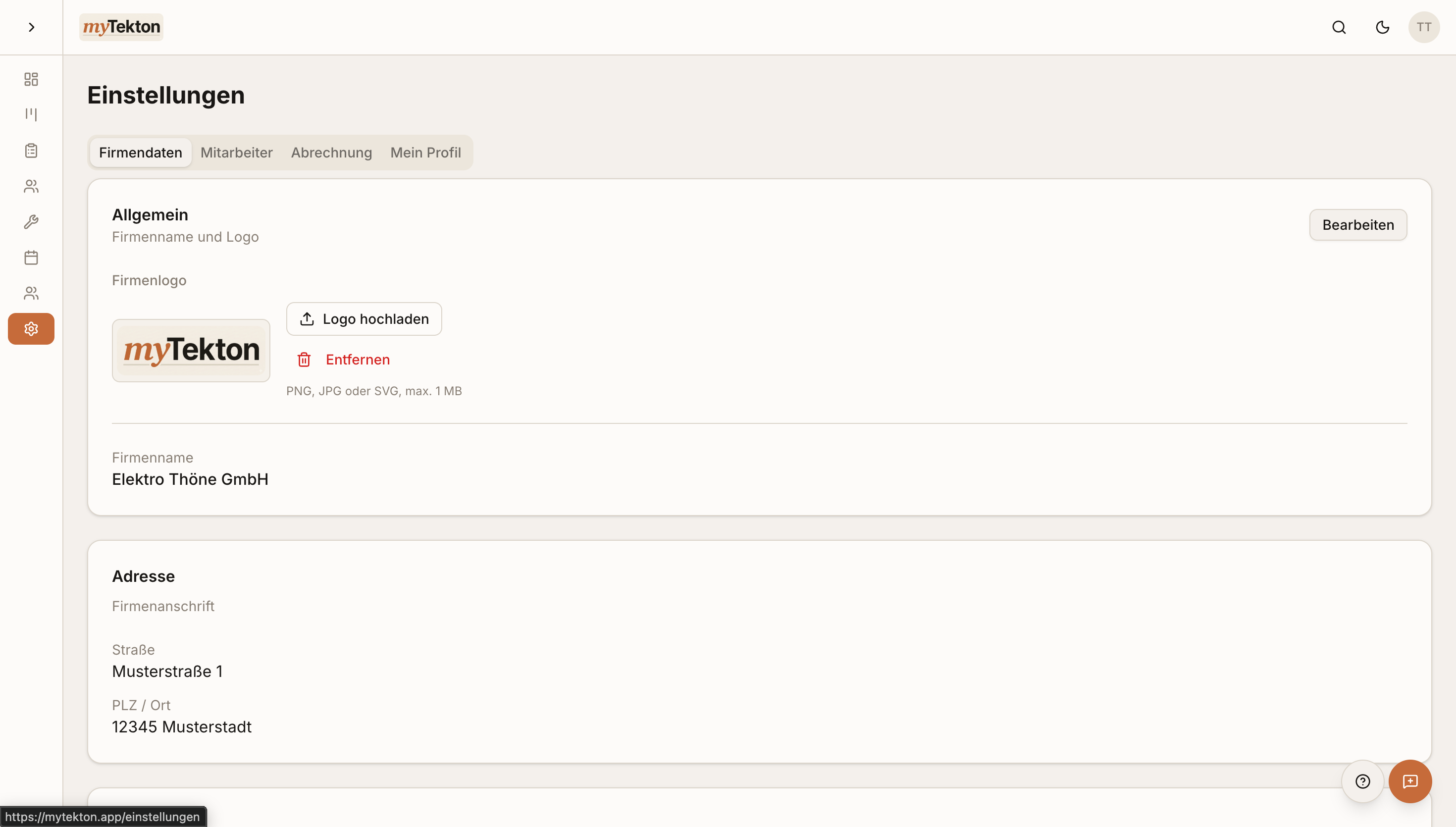 Einstellungen in myTekton