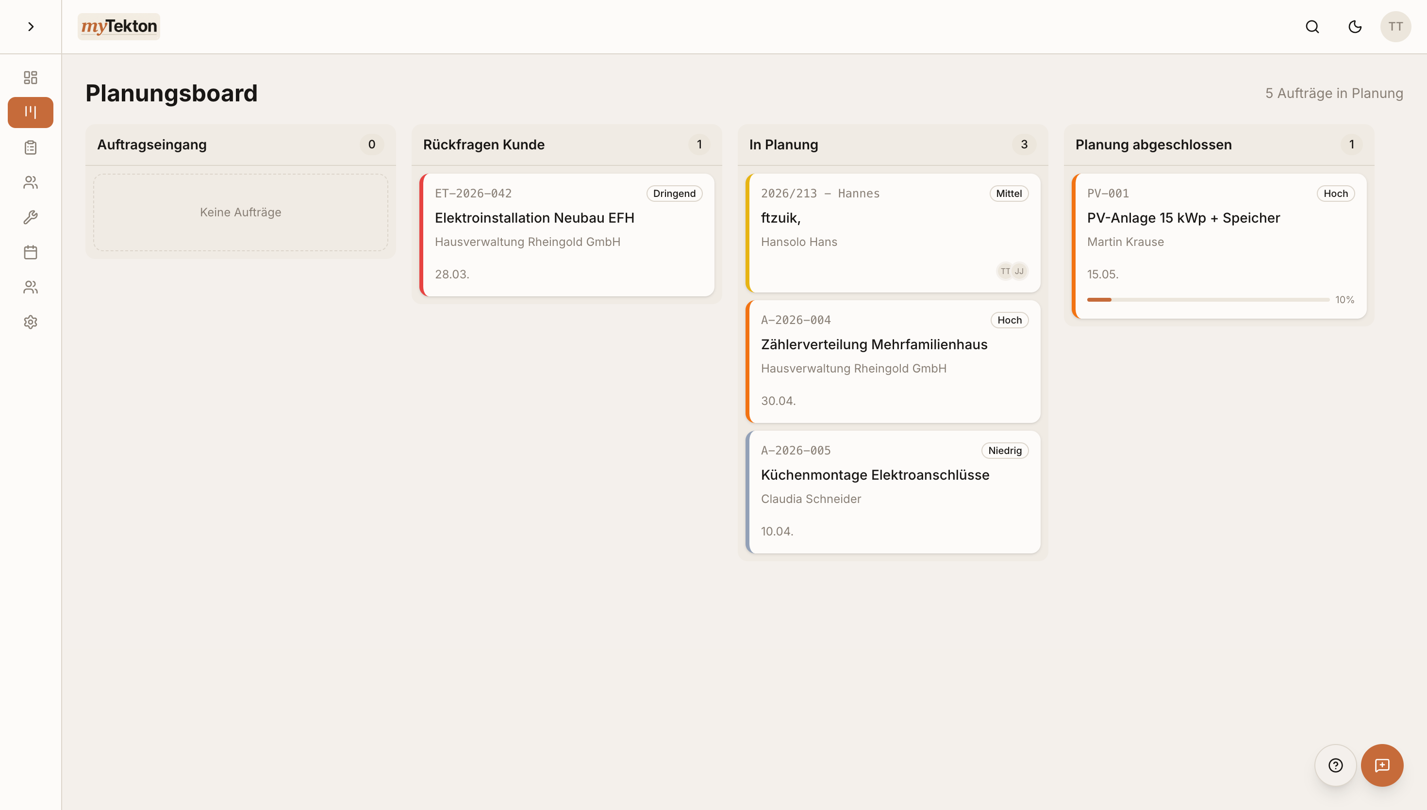Planungsboard in myTekton